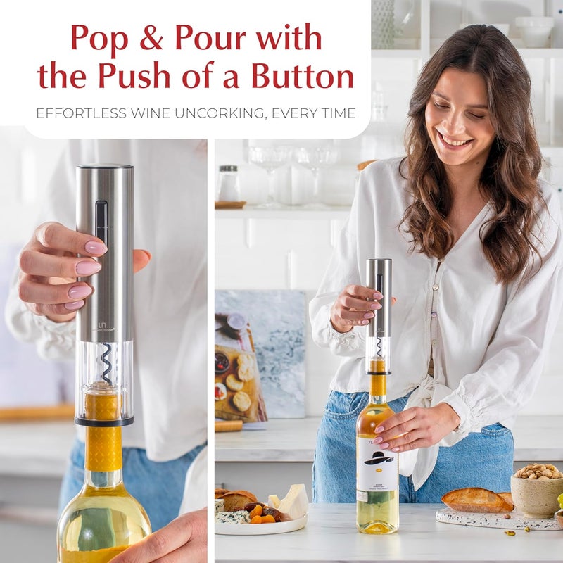 urban noon Rechargeable Electric Wine Opener Set with Aerator, Foil Cutter & Vacuum Stoppers – Automatic Wine Bottle Opener Kit with Portable Case – 7 Piece Wine Gift Set (Silver) - Image 4